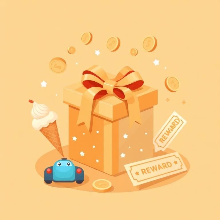 Gift box, coins and small kid rewards like ice cream and a toy car